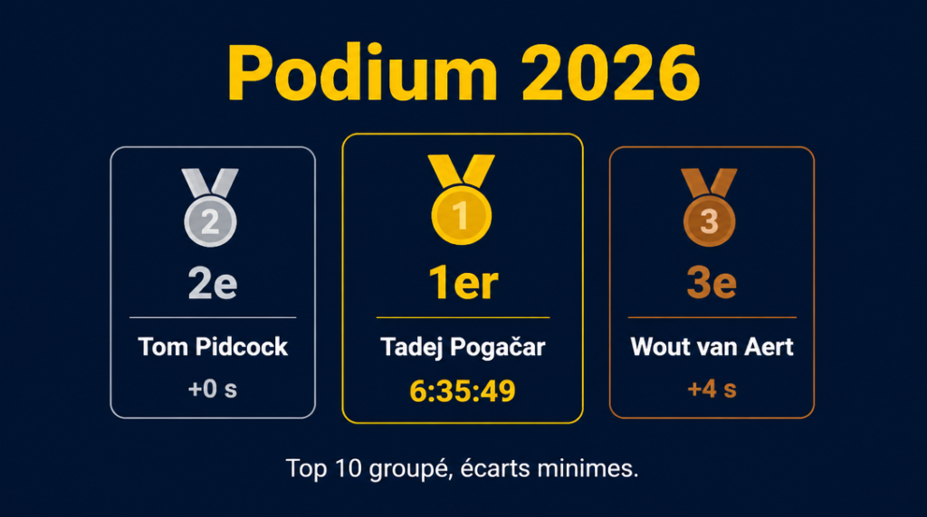 Podium et écarts du classement final 2026