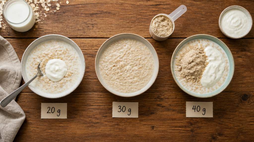 Trois bols de porridge à 20 g, 30 g et 40 g de protéines