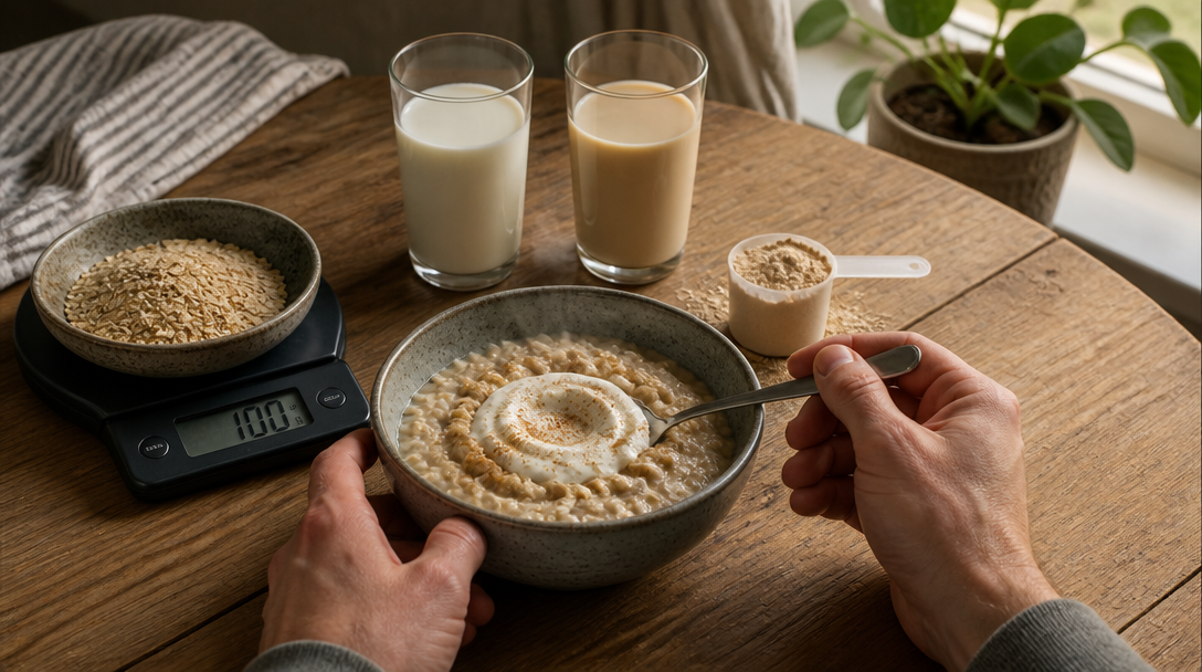 Bol de porridge et balance pour calculer les protéines des flocons d’avoine