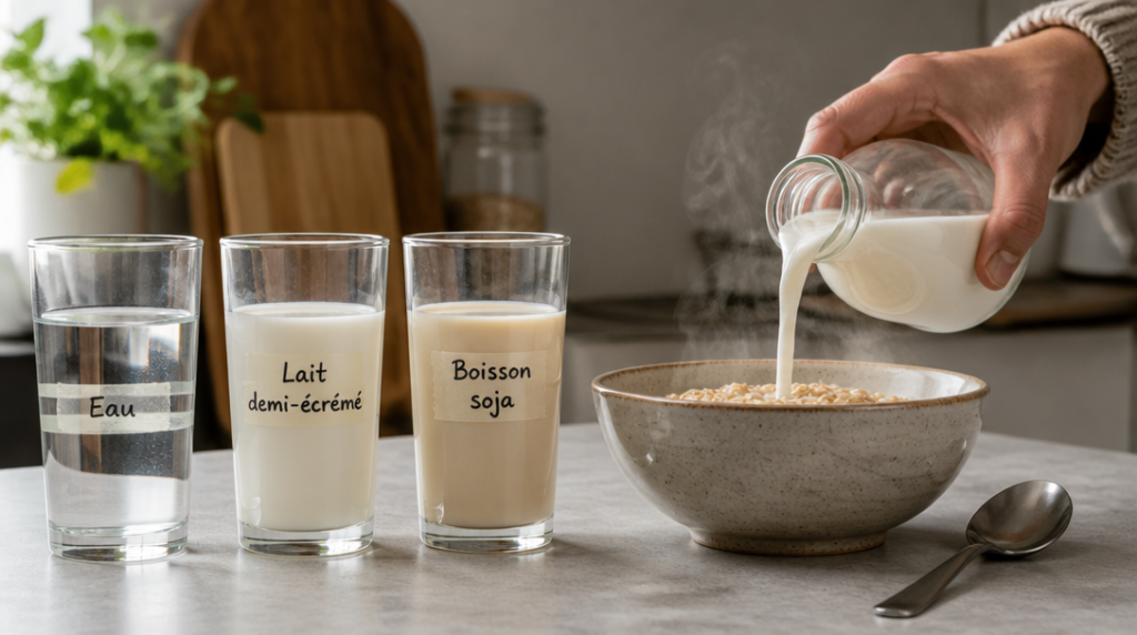 Eau, lait demi‑écrémé et lait de soja pour porridge, apports protéiques