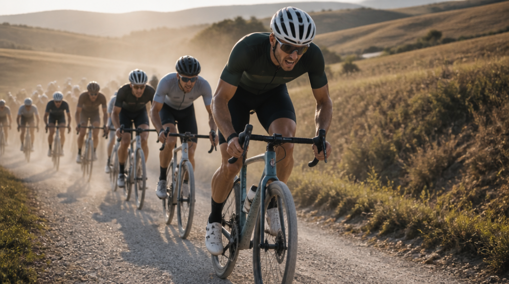 Peloton sur chemins blancs lors d’une course vallonnée