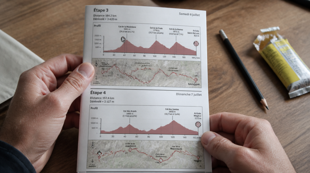 Carnet de route ouvert avec profils d’étapes et tracé schématique