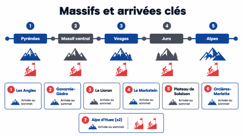 Schéma des massifs et des arrivées au sommet clés 2026