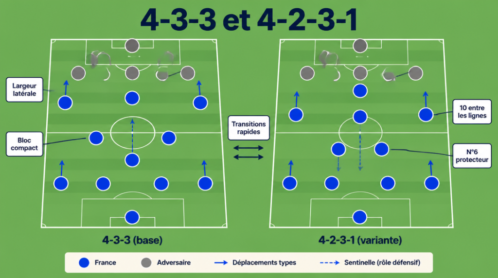 Schéma du onze probable en 4-3-3 et 4-2-3-1 des Bleus