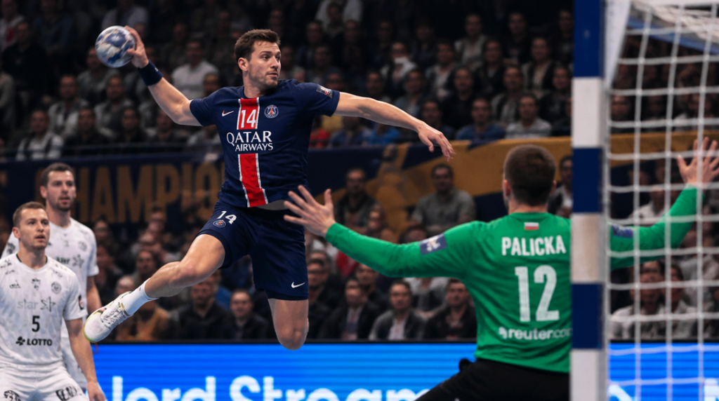 Action de handball illustrant un sport collectif en h