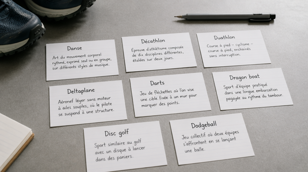 Cartes manuscrites de sports qui commencent par D