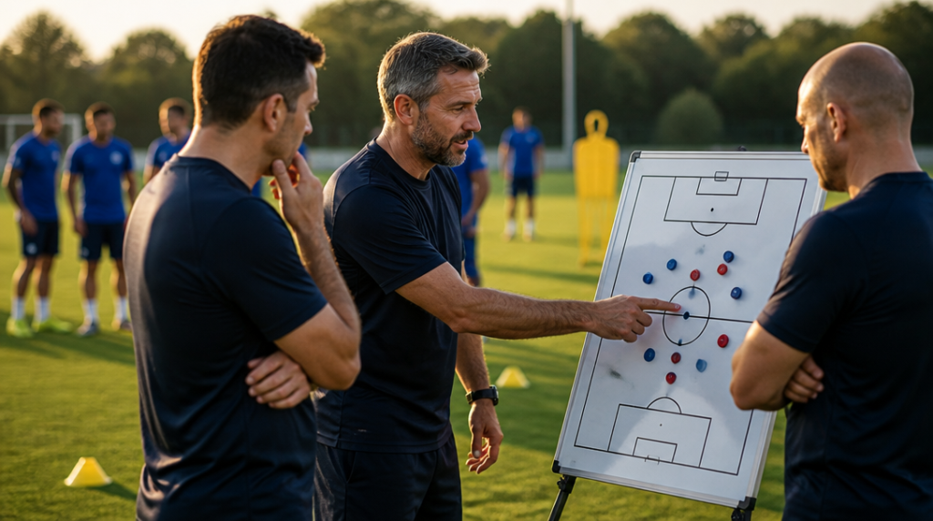 Entraîneurs des Bleus échangeant autour d’un tableau tactique