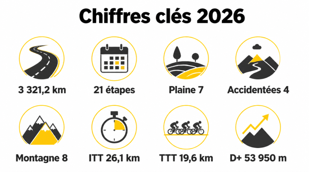Infographie distances, répartition d’étapes et chronos 2026