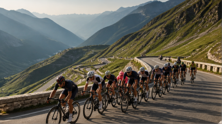 Peloton en montée, lumière dorée, tour de catalogne 2026