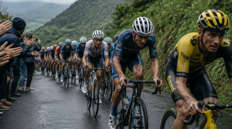 Peloton sur route étroite du tour du pays basque 2026