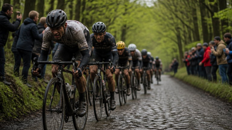 Cyclistes sur la trouée d’Arenberg au cœur de la forêt