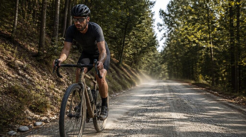 Coureur gravel sur un parcours mixte de chemins